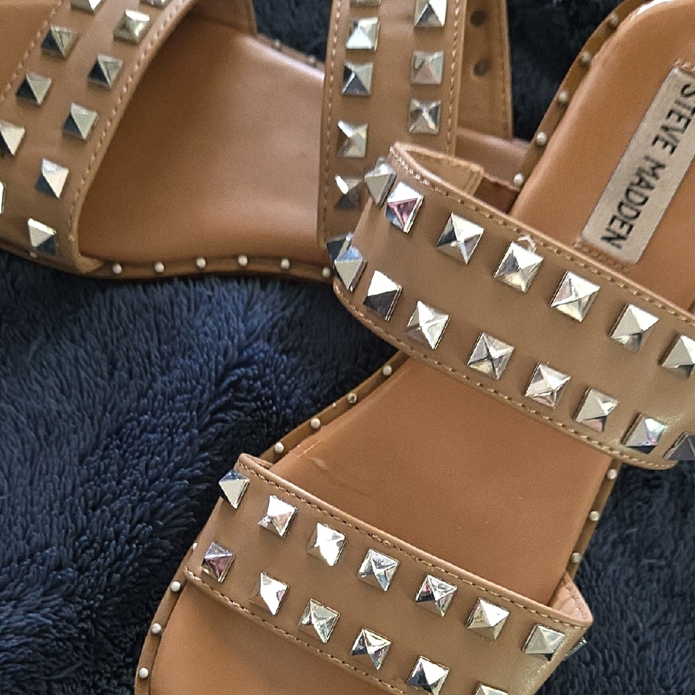 Steve Madden Tan Studded Slide Sandals - Picture 16 of 16